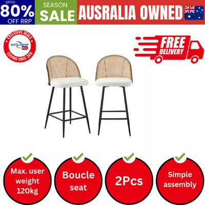 2x Bar Stools Kitchen Counter Stool Rattan Boucle Fabric