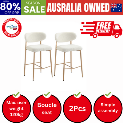 2x Bar Stools Boucle Fabric Natural White