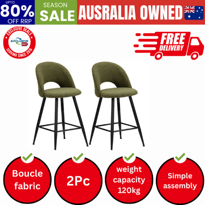 2x Bar Stools Kitchen Counter Stool Boucle Green HORN