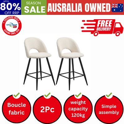 2x Bar Stools Kitchen Counter Stool Boucle White HORN