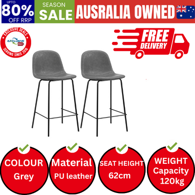 2x Bar Stools Kitchen Dining Chair PU Leather Grey
