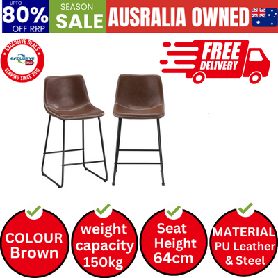 2x Bar Stools Kitchen Dining Chairs Leather Padded Stool Brown