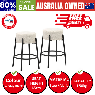 2x Bar Stools Kitchen Round Stool Boucle Fabric White