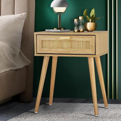 Bedside Table Drawers Bedroom Wood Cabinet Nightstand Rattan Furniture