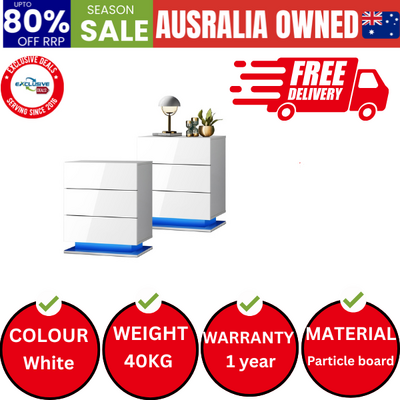 Bedside Tables Set of 2 LED Side Table Nightstand Cabinet 3 Drawers