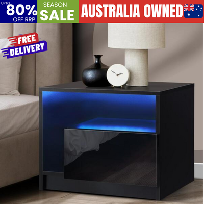 Bedside Tables RGB LED Side Table Drawers High Gloss Nightstand Black