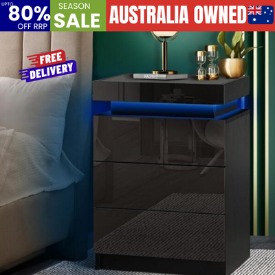 Bedside Table RGB LED Nightstand Cabinet 3 Drawers Side Table Furniture Black