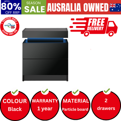 Bedside Table RGB LED Nightstand Cabinet 2 Drawers Side Table Furniture Black