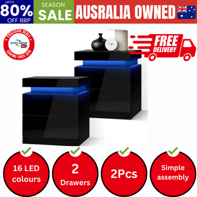 Bedside Tables Set of 2 LED Nightstand Side Table
