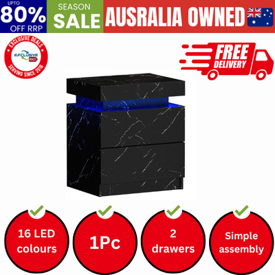 Bedside Table 2 Drawers LED Nightstand Marble Effect Black