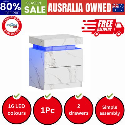 Bedside Table 2 Drawers LED Nightstand Marble Effect White