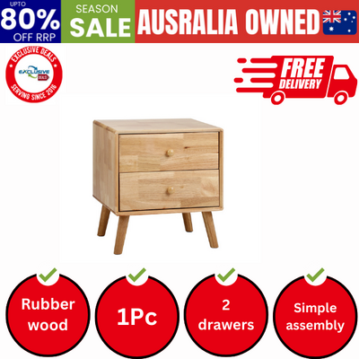 Bedside Table 2 Drawers Storage Rubber Wood