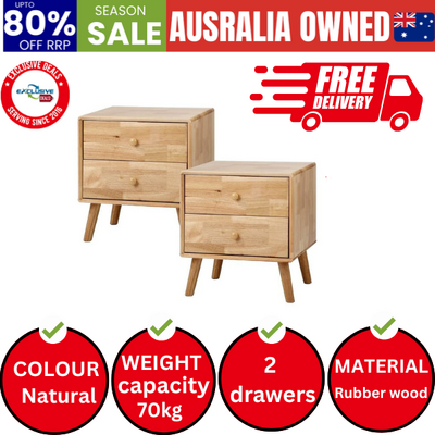 Set of 2 Bedside Tables 2 Drawers Side Tables Rubber Wood