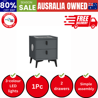 Smart Bedside Table Wireless Charging LED Lights 2 Drawers