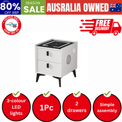 Smart Bedside Table Wireless Charging LED 2 Drawers White