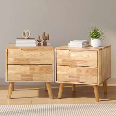 Bedside Tables 2 Drawers Natural Wood Set of 2 | EXTG