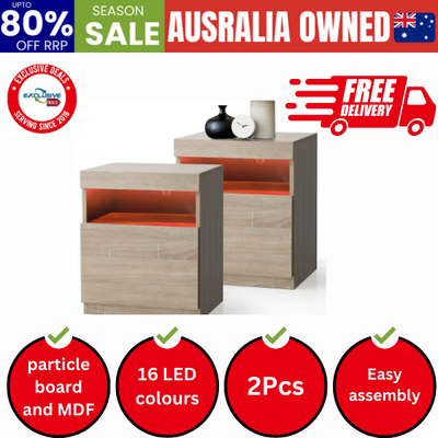Bedside Tables Set of 2 LED Nightstand Shelf Natural