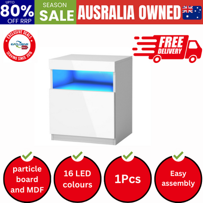 Bedside Table LED Shelf High-gloss Front White