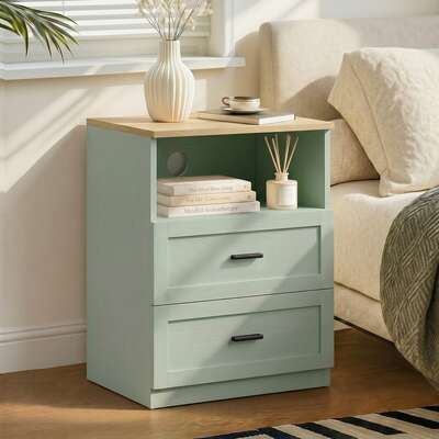 2 Drawer Nightstand Natural Green Bedside Table | EXTG