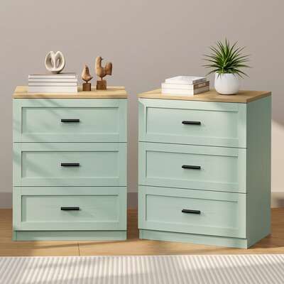 Bedside Tables Set 2 3 Drawers Natural Green | EXTG