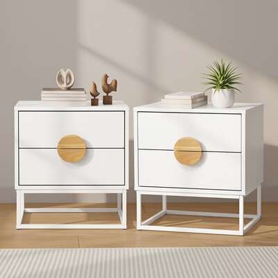 Bedside Tables Set of 2 Drawers Steel Legs White | EXTG