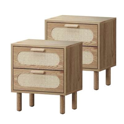 2x Bedside Table 2 Drawers Rattan Natural