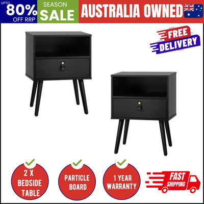 2X Bedside Tables with Leather Handle Black