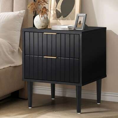 Black Bedside Table 2 Drawers Metal Handle | EXTG