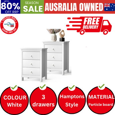 Bedside Tables Set of 2 Nightstands Storage Cabinet 3 Drawers White