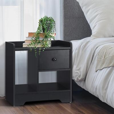 Sleek Black Bedside Table with Drawer and Storage Space