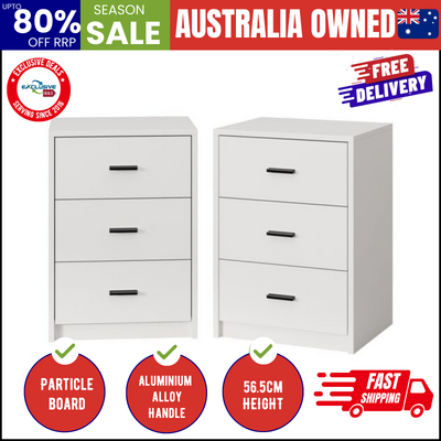 Set of 2 Bedside Table With 3 Drawers Bedroom Nightstand Storage Cabinet White Wood