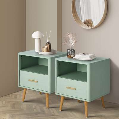 2x Bedside Table 1 Drawer Open Shelf Nightstand Green