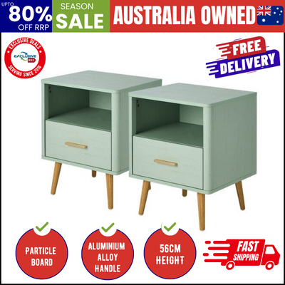2x Bedside Table 1 Drawer Open Shelf Nightstand Green