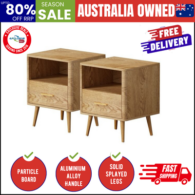 2x Bedside Table 1 Drawer Open Shelf Nightstand Natural