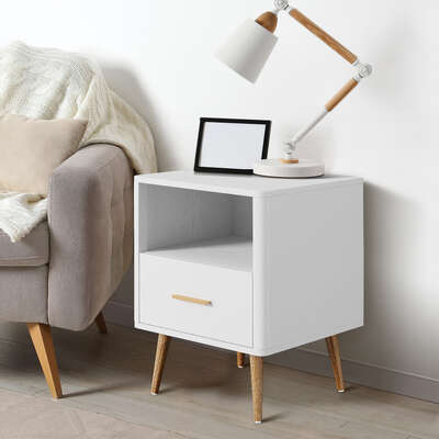 Bedside Table 1 Drawer Open Shelf Nightstand White