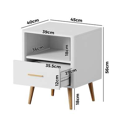 2x Bedside Table 1 Drawer Open Shelf Nightstand White