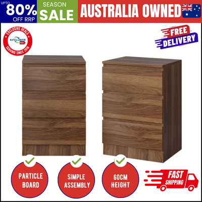 Bedside Table 3 Drawer Side Table Storage Cabinet Walnut 2 Pack