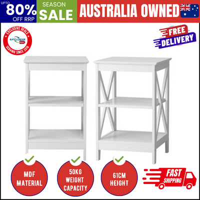 Side Table Coffee Bedside Sofa Storage 3-Tier Shelf White 2 Pack