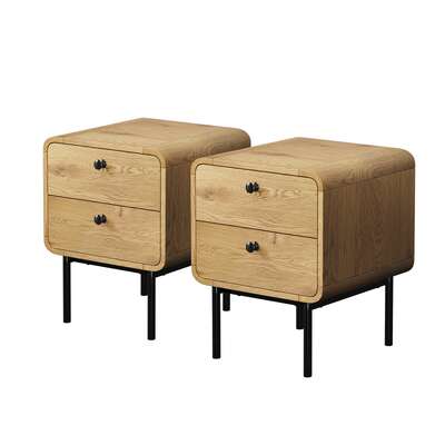 2x Bedside Table 2 Drawers Bedroom Nightstand Natural Wood Storage Units