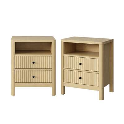 Bedside Table 2 Drawer Nightstand With Open Shelf Natural 2 Pack