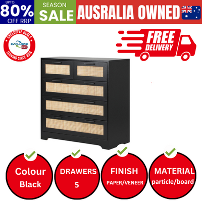 5 Chest of Drawers Dresser Storage Cabinet Tallboy Rattan Black