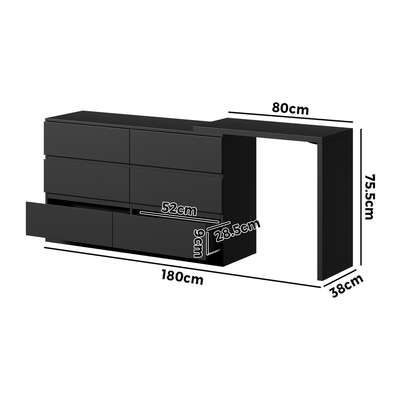 6 Chest of Drawers Dresser with Side Table Black