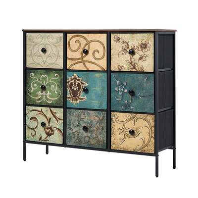 9-Drawer Chest Fabric Lowboy Retro Vintage Dresser Bedroom Storage Organizer