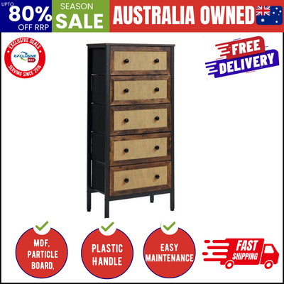 5-Drawer Chest Rattan Fabric Dresser Tallboy Bedroom Storage Organizer