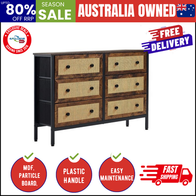 6-Drawer Chest Rattan Fabric Dresser Tallboy Retro Vintage Bedroom Storage