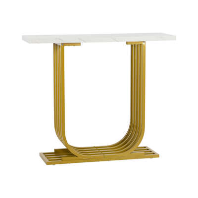 Marble Effect Console Table Hallway Desk White Gold 93.5x29x81cm Metal
