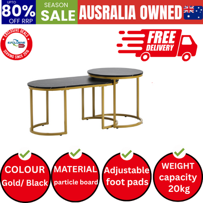 Nesting  Coffee Table Set of 2 Marble Effect Gold Black