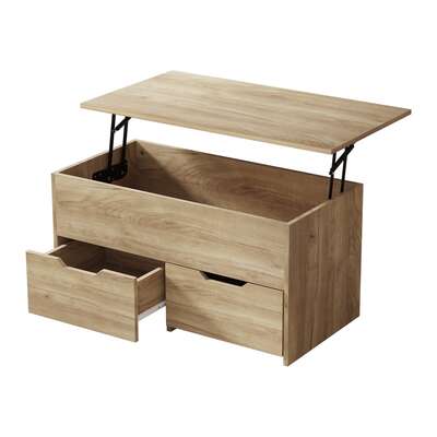 Coffee Lift-Up Hidden Storage Laptop Desk 2 Drawers Natural Wood Table