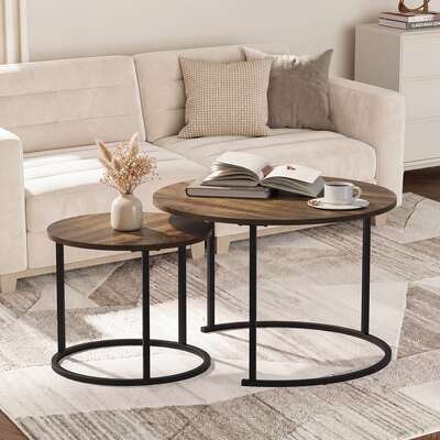 Set of 2 Nesting Coffee Table Round Walnut and Black
