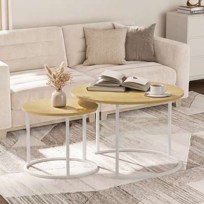 Set of 2 Nesting Coffee Table Round Natural and White